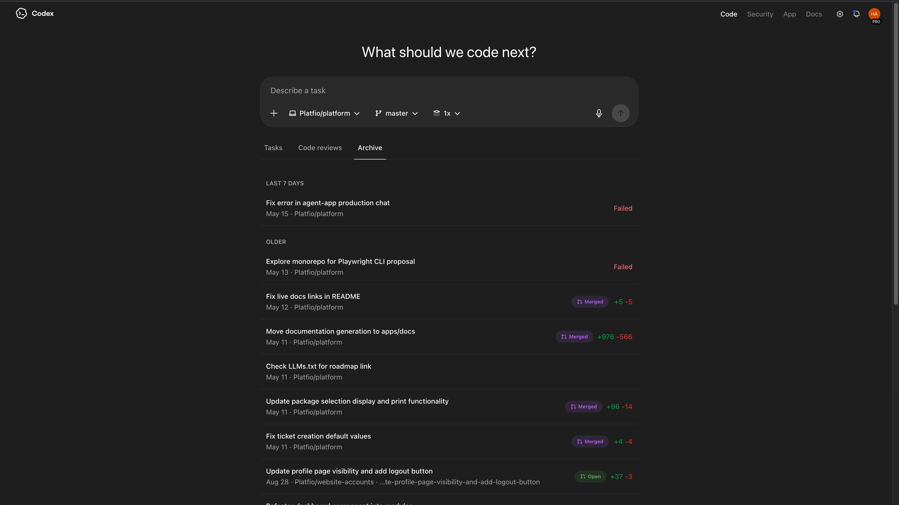 Codex cloud task surface showing archived code tasks and pull request status.