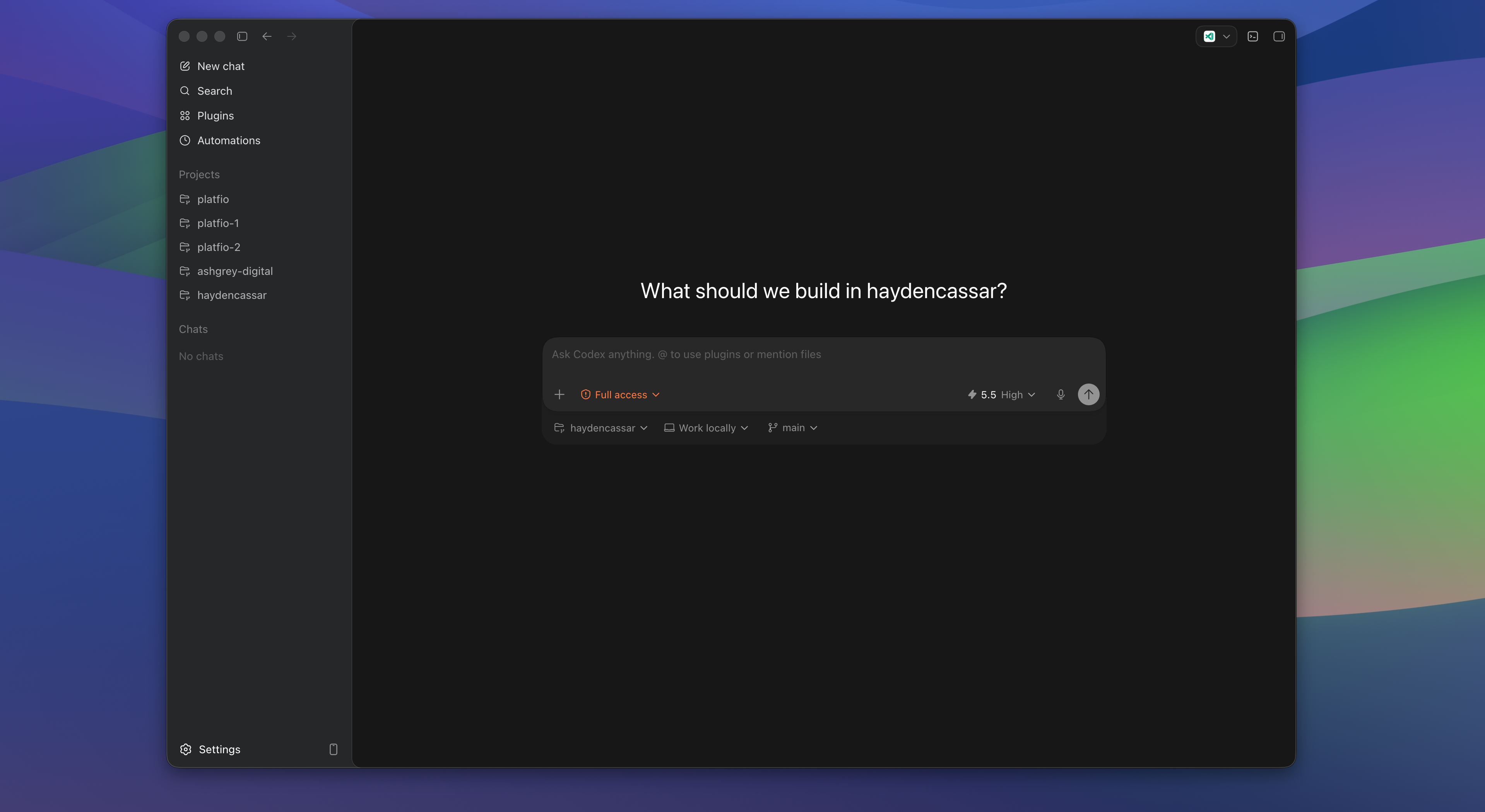 Codex desktop showing a local coding task prompt inside the haydencassar project.