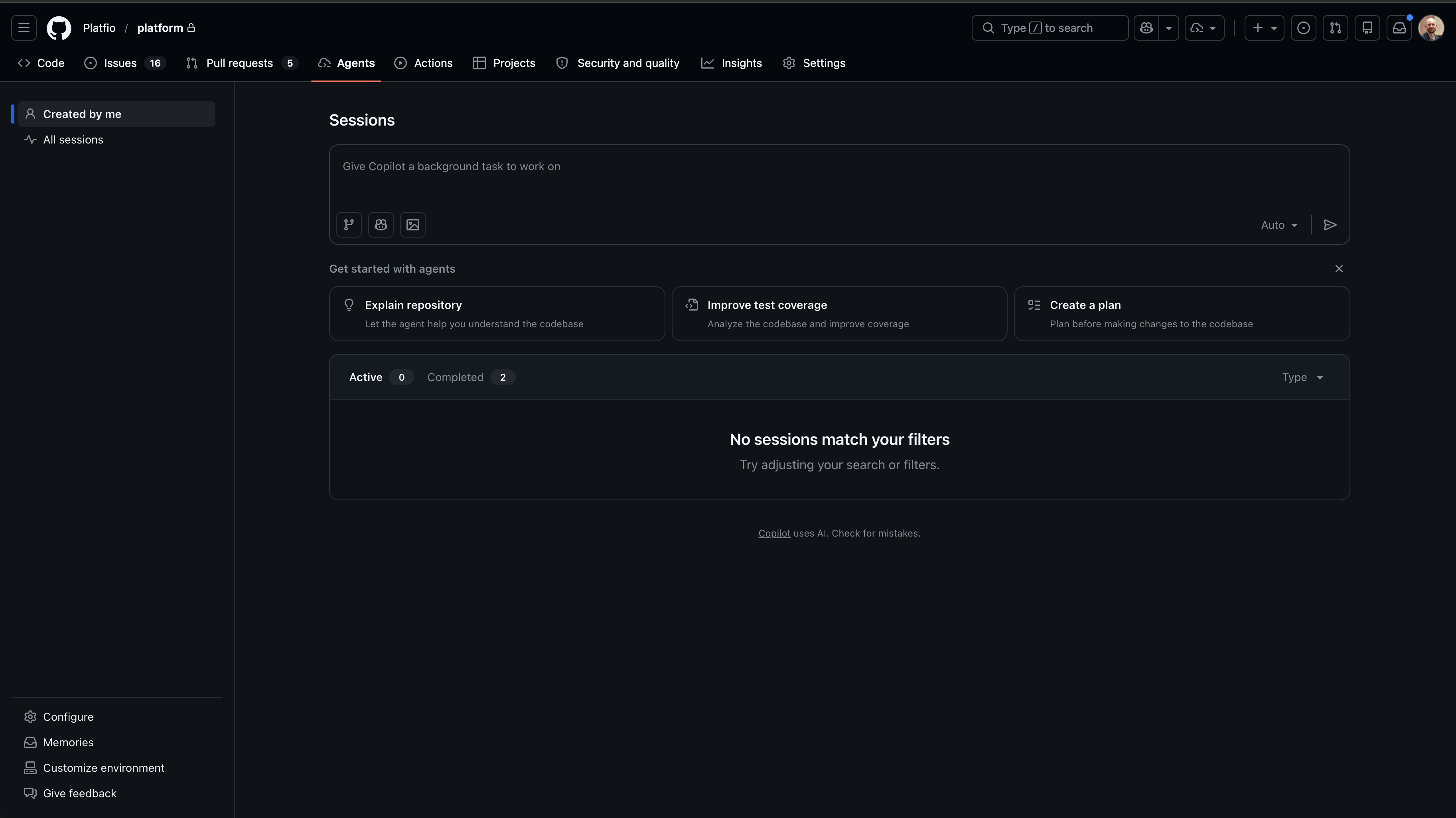 GitHub Copilot agents surface for creating cloud coding sessions from a repository.