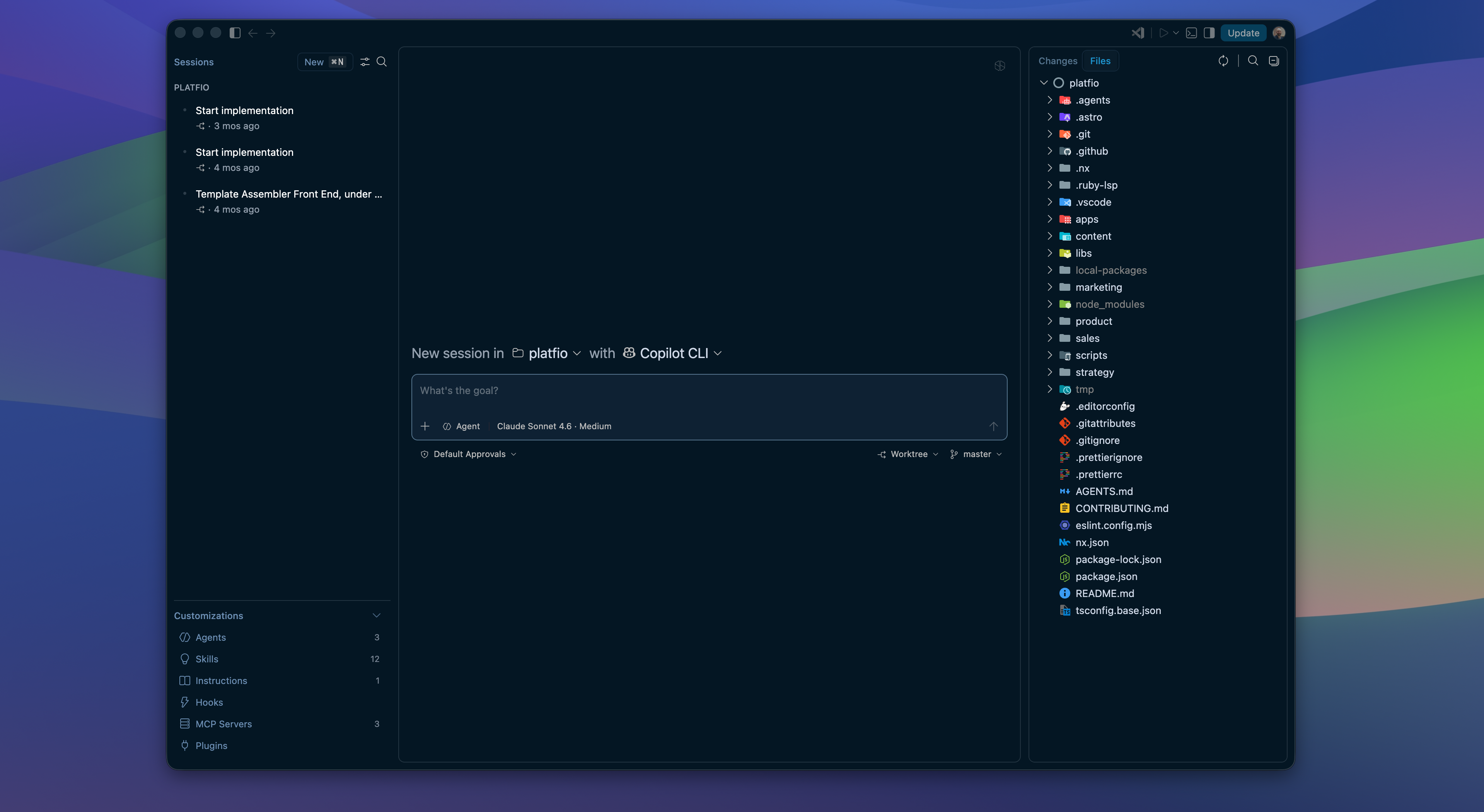 VS Code with Copilot agent sessions open beside the repository file tree and terminal.