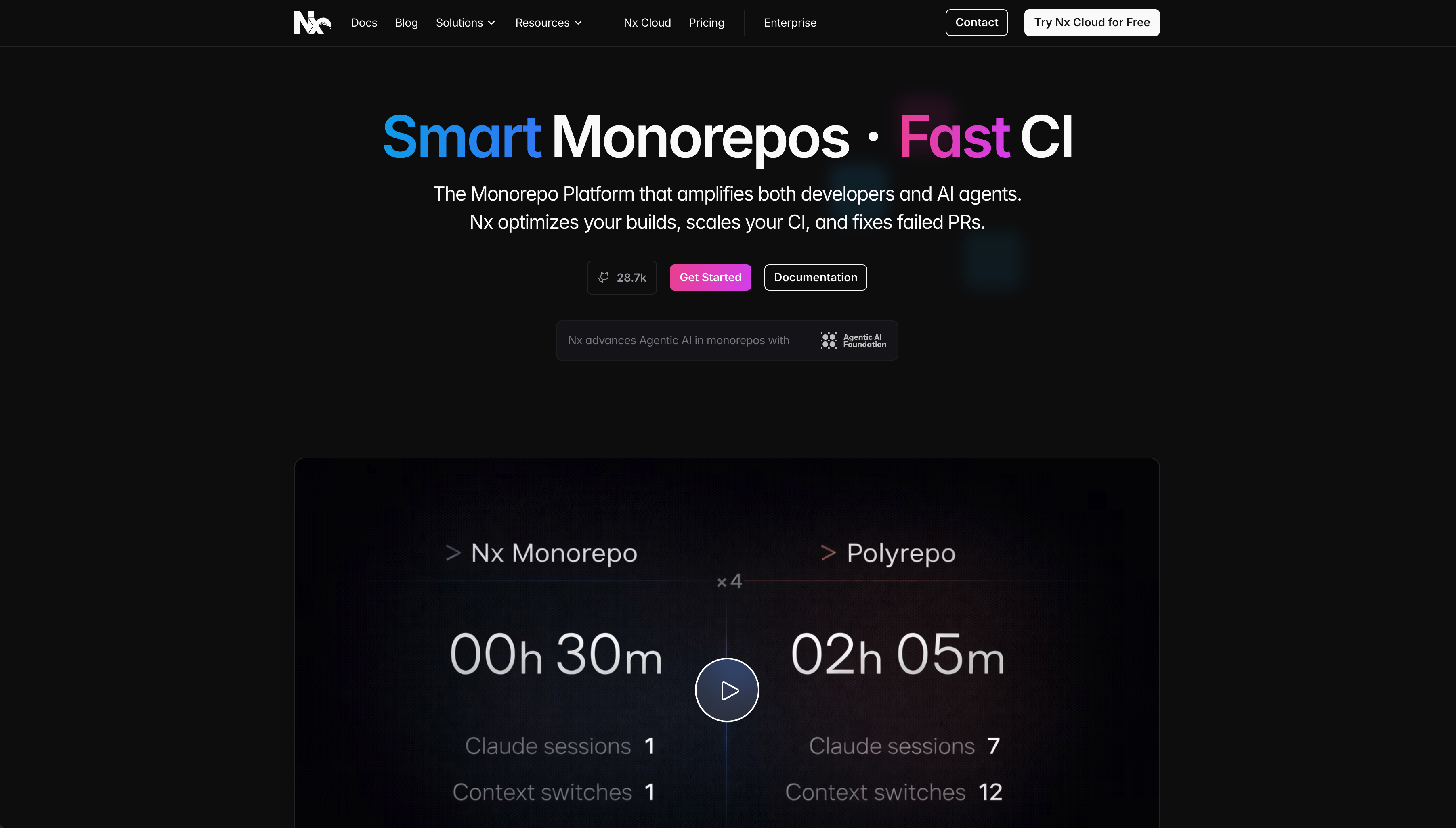 Nx homepage describing smart monorepos and fast CI for developers and AI agents.