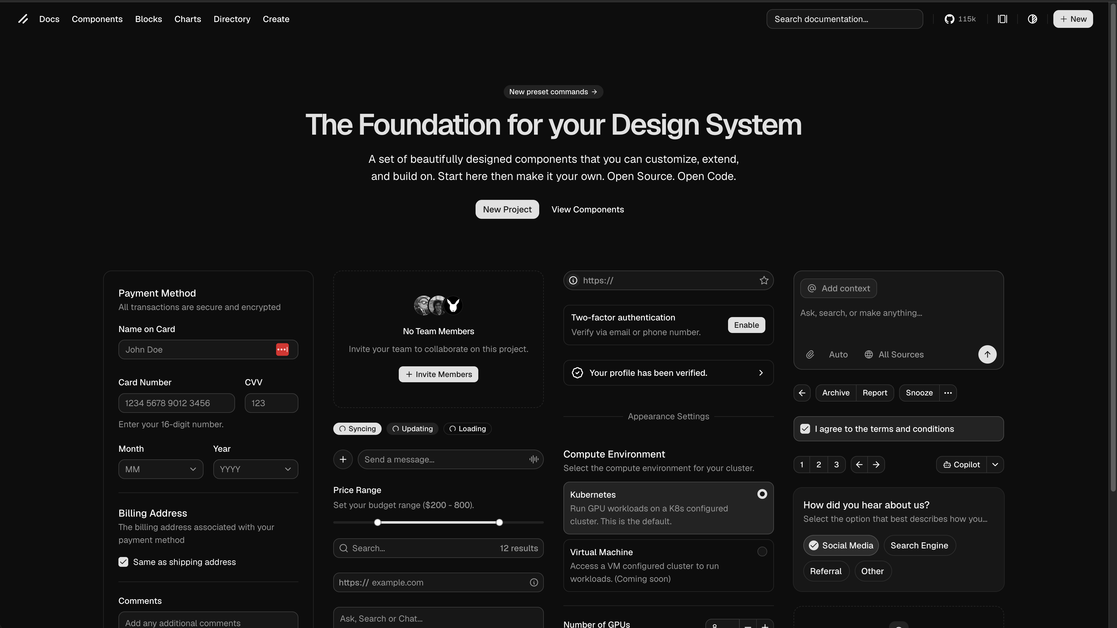 ShadCN components homepage showing a component library foundation for design systems.