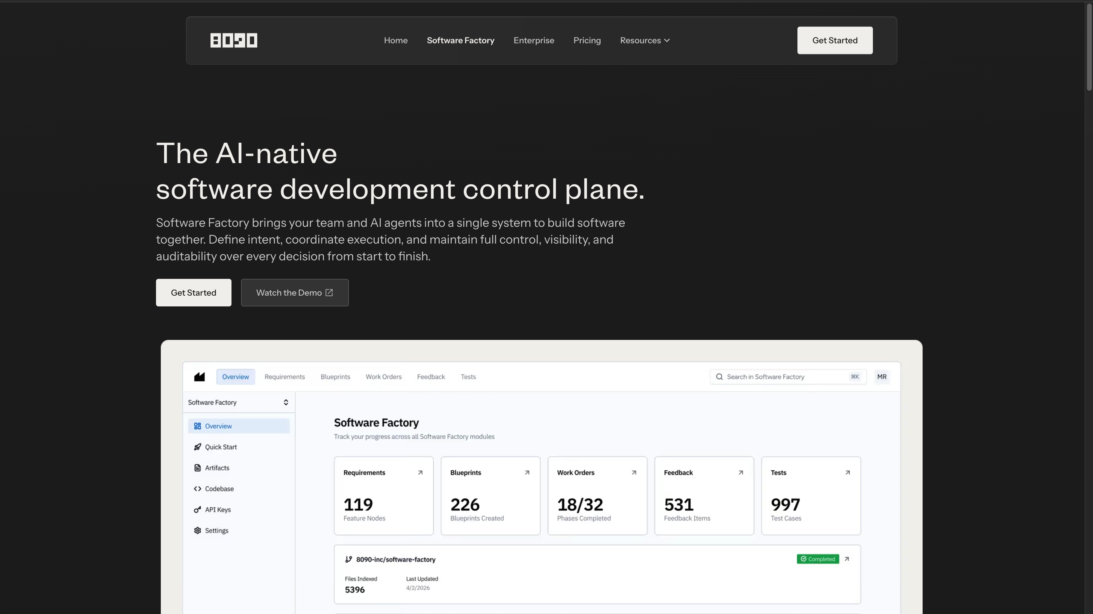 8090 Software Factory planning dashboard with requirements, blueprints, work orders, feedback, and tests.