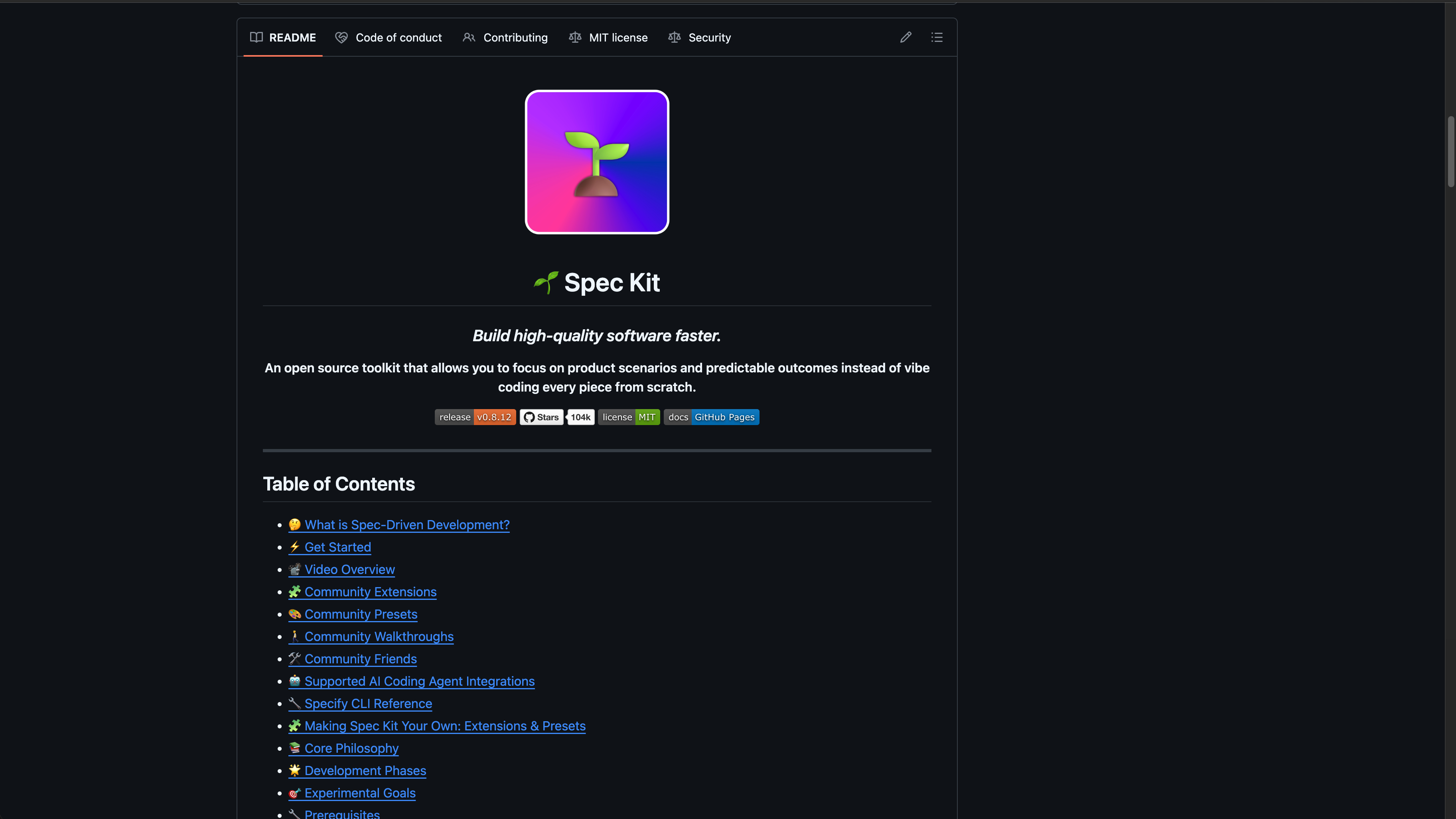 Spec Kit README showing a specification-first development toolkit.