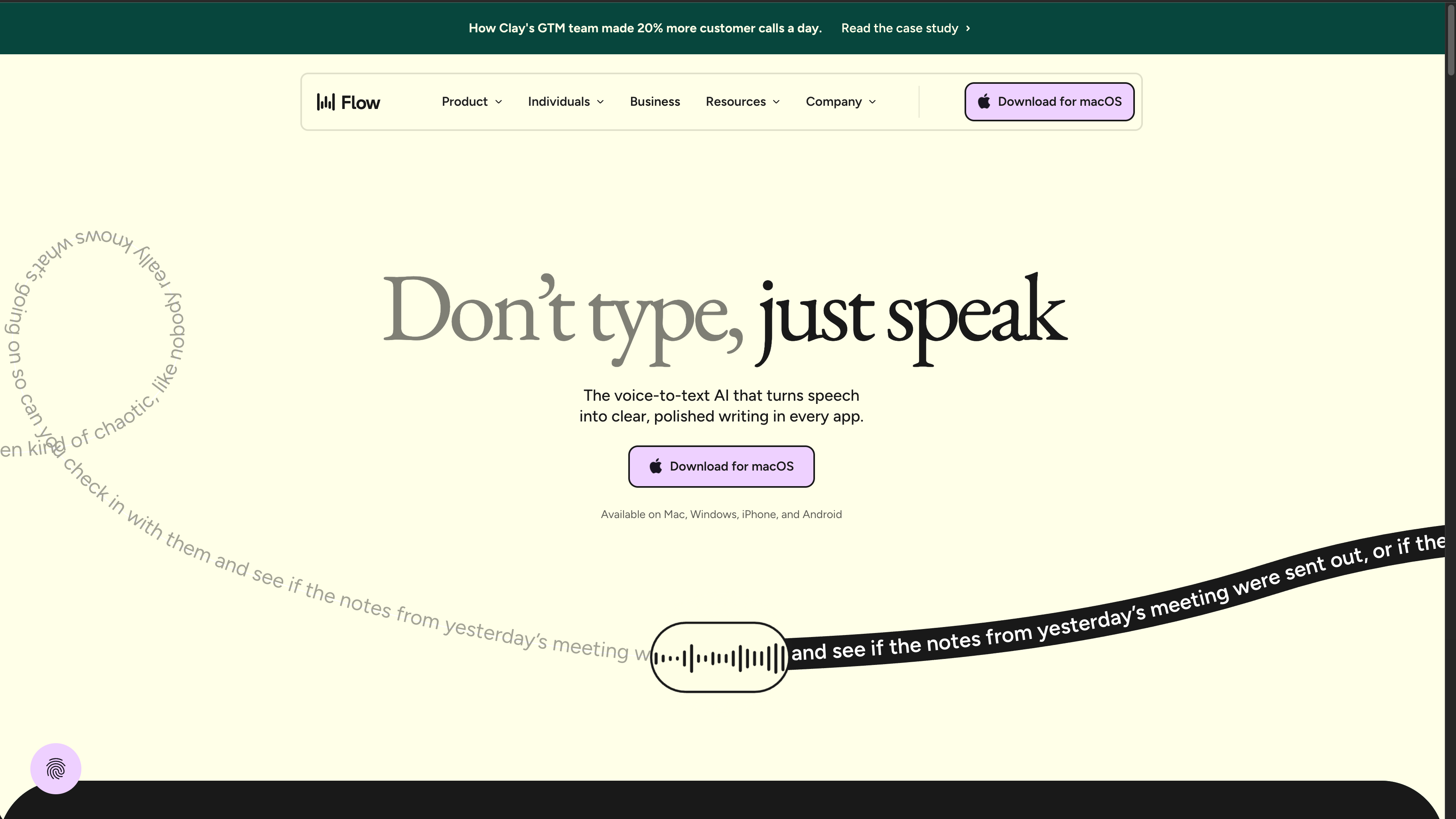 Wispr Flow homepage showing a voice-to-text interface for speaking instead of typing.