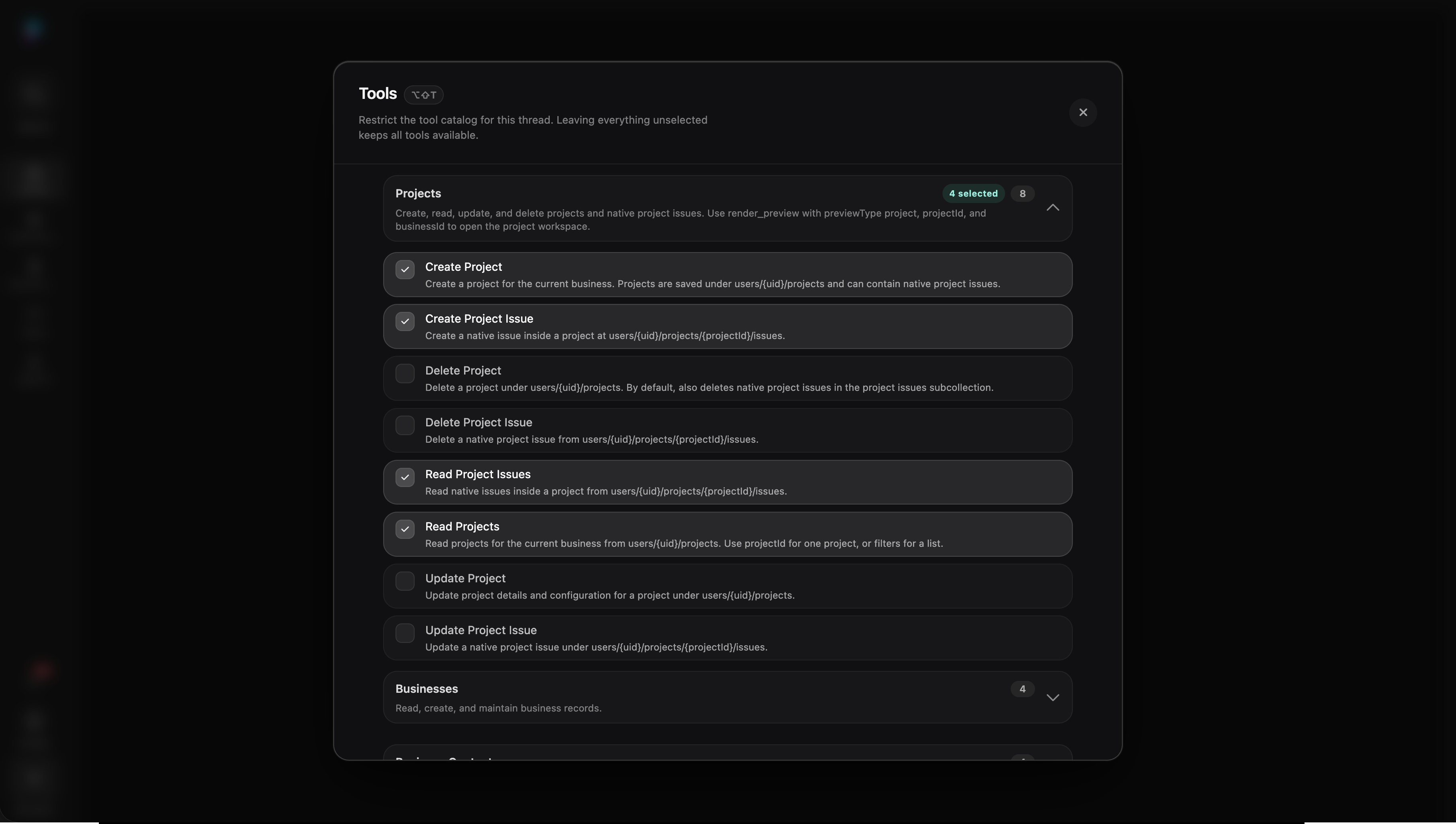 A Platfio tools modal showing selected project tools available to an agent thread.