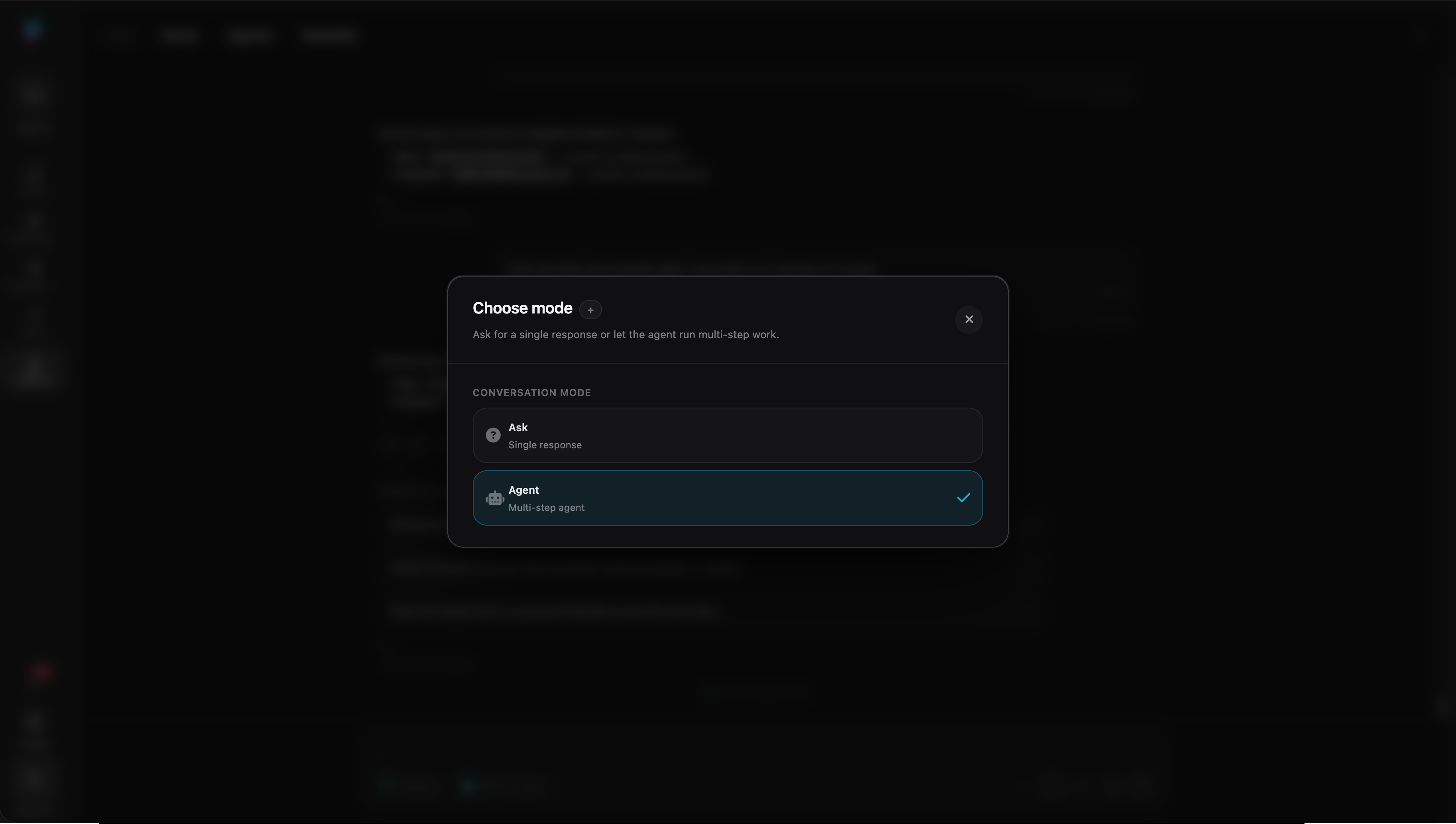 A Platfio mode selector showing Ask for a single response and Agent for multi-step work.