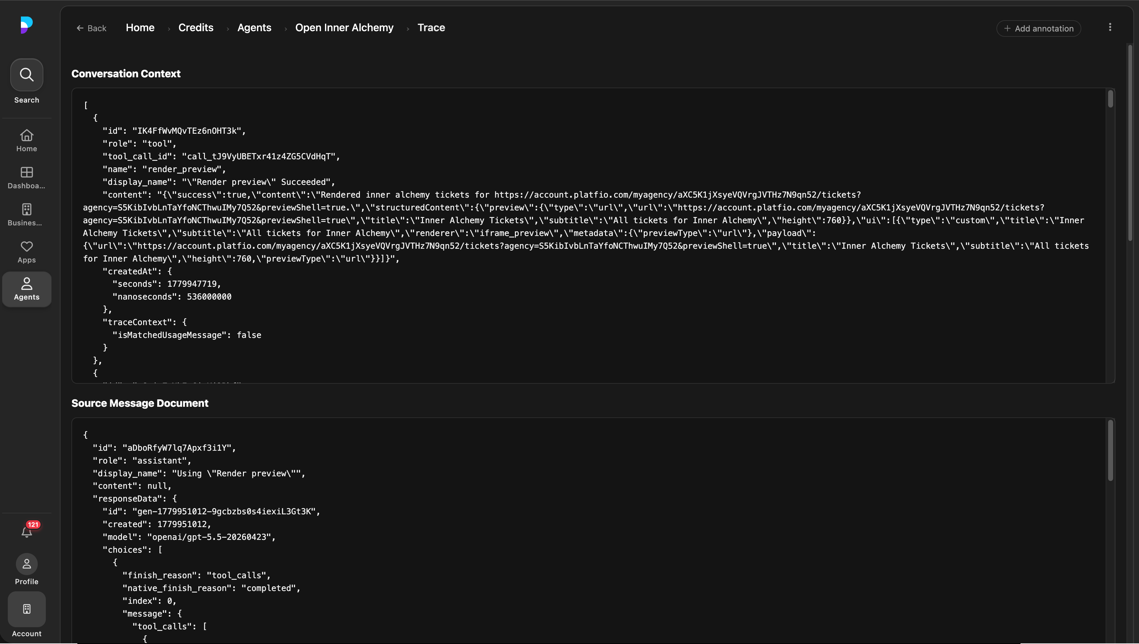 A multi-turn agent trace showing conversation context and source message document JSON.