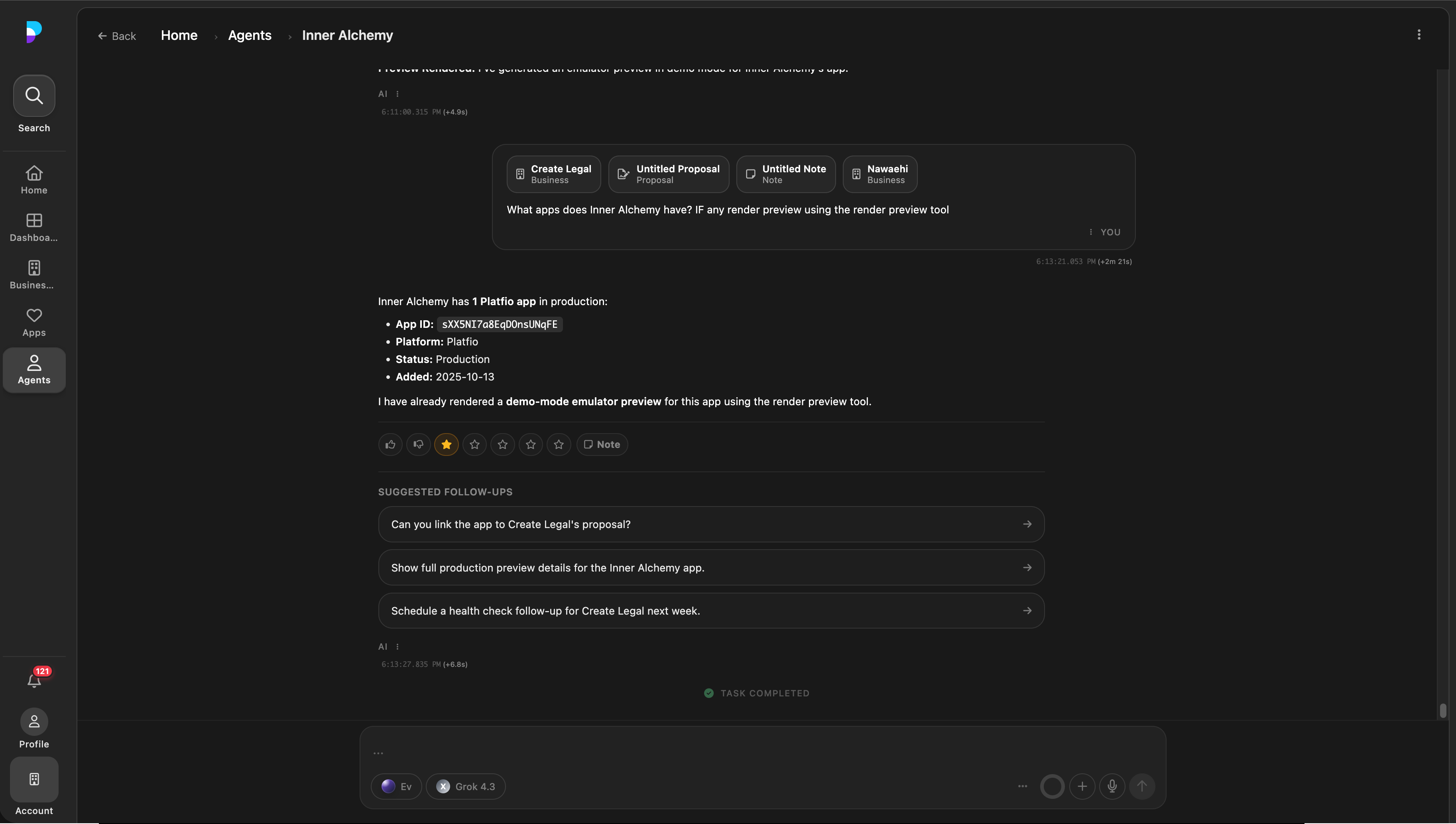 A Platfio multi-turn agent conversation with inline thumbs, star rating, and note controls under the assistant response.