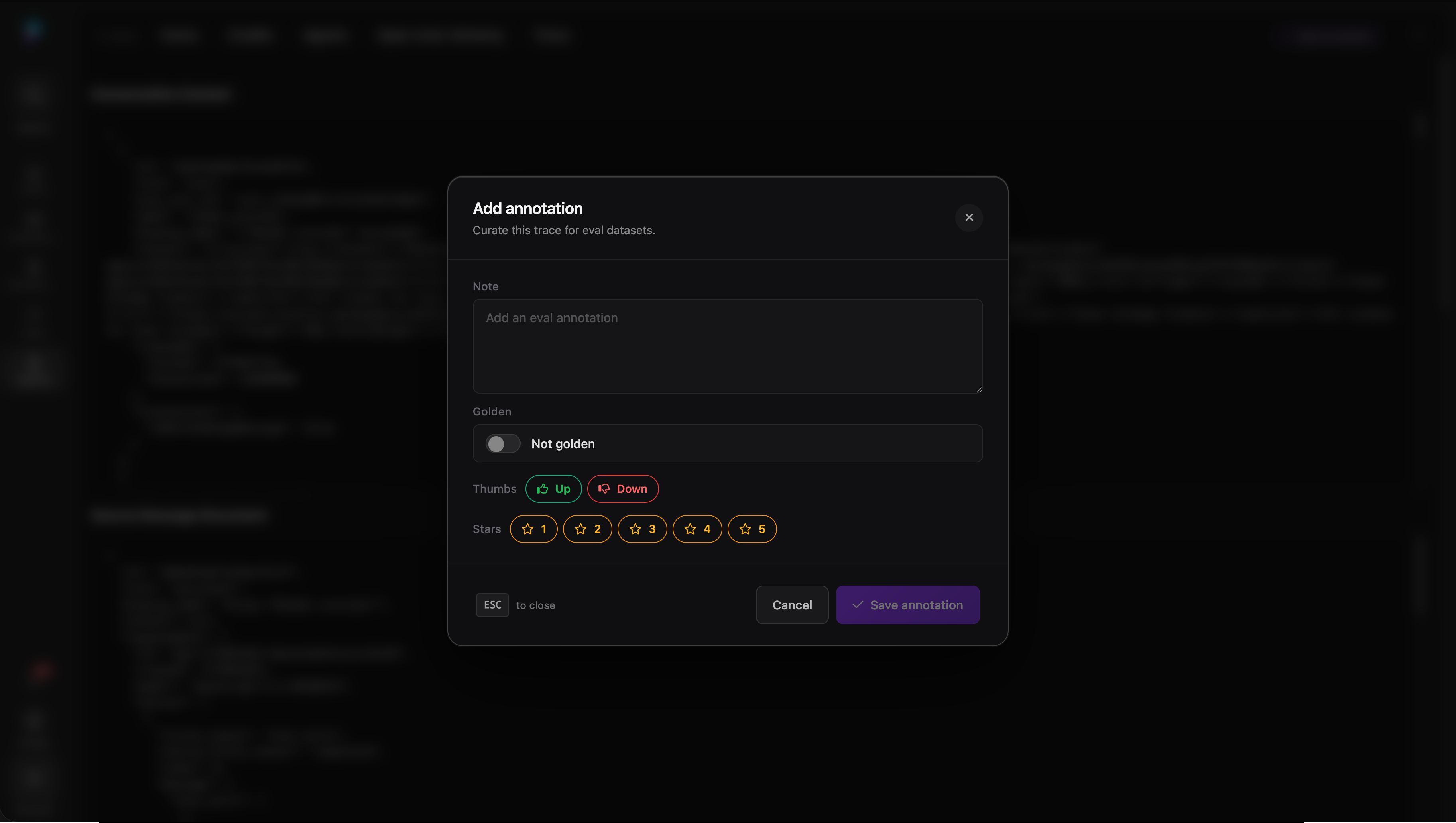 A staff annotation modal for curating a trace into eval datasets with note, golden toggle, thumbs, and star rating controls.