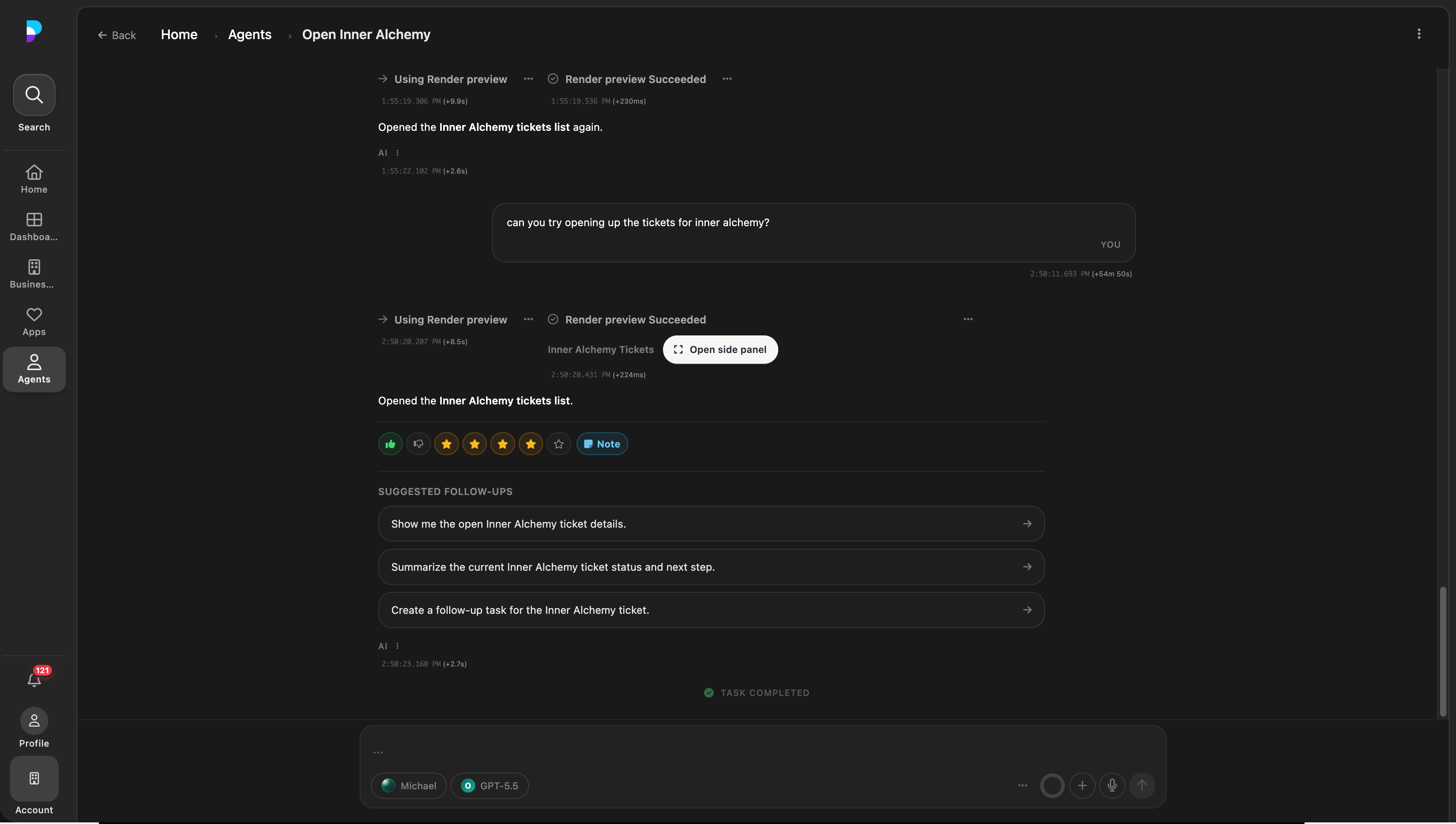 Inline user feedback controls on a Platfio agent response, including thumbs, star rating, and a note button.