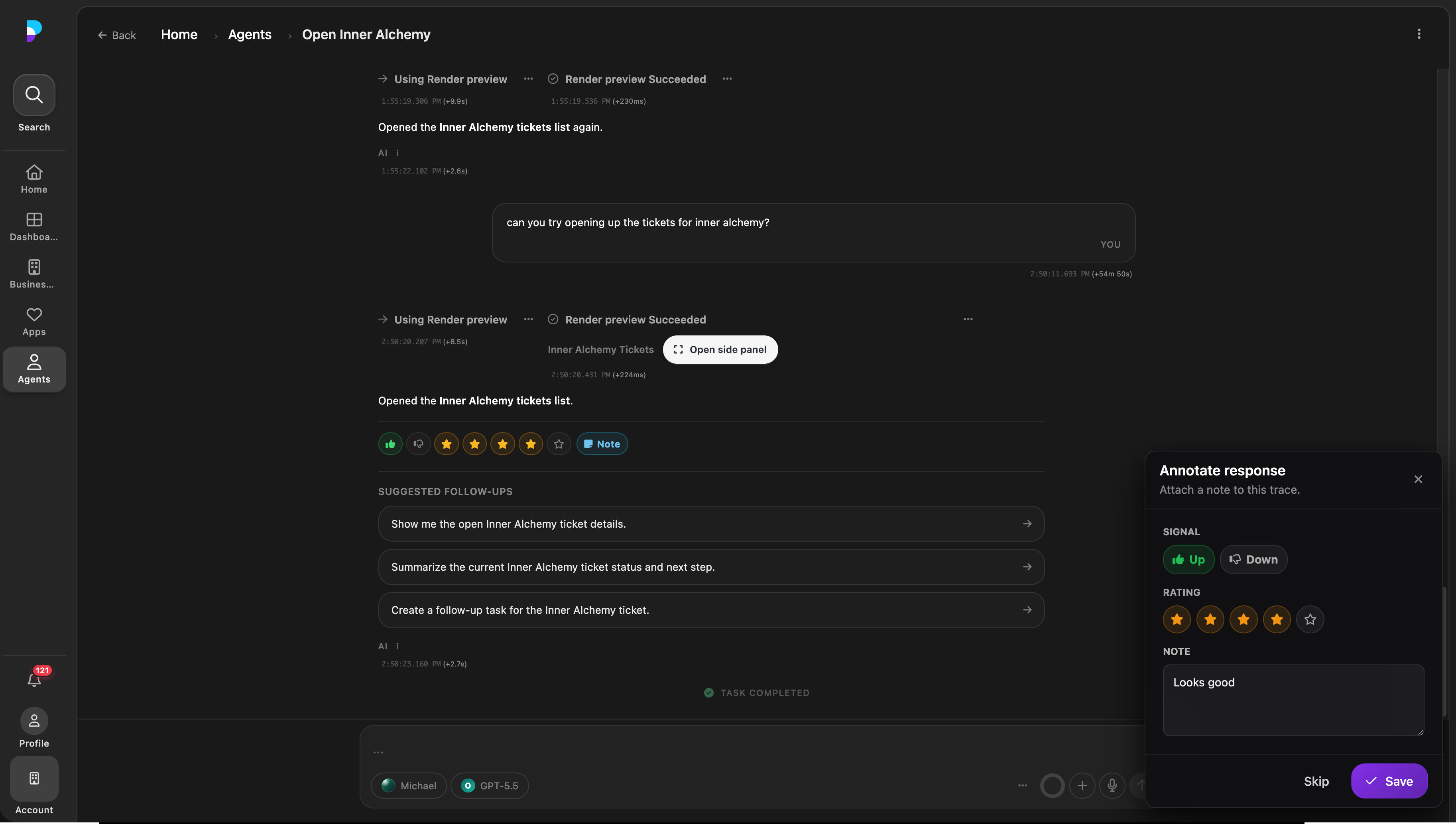 A Platfio annotate response drawer with signal, rating, note, skip, and save controls.