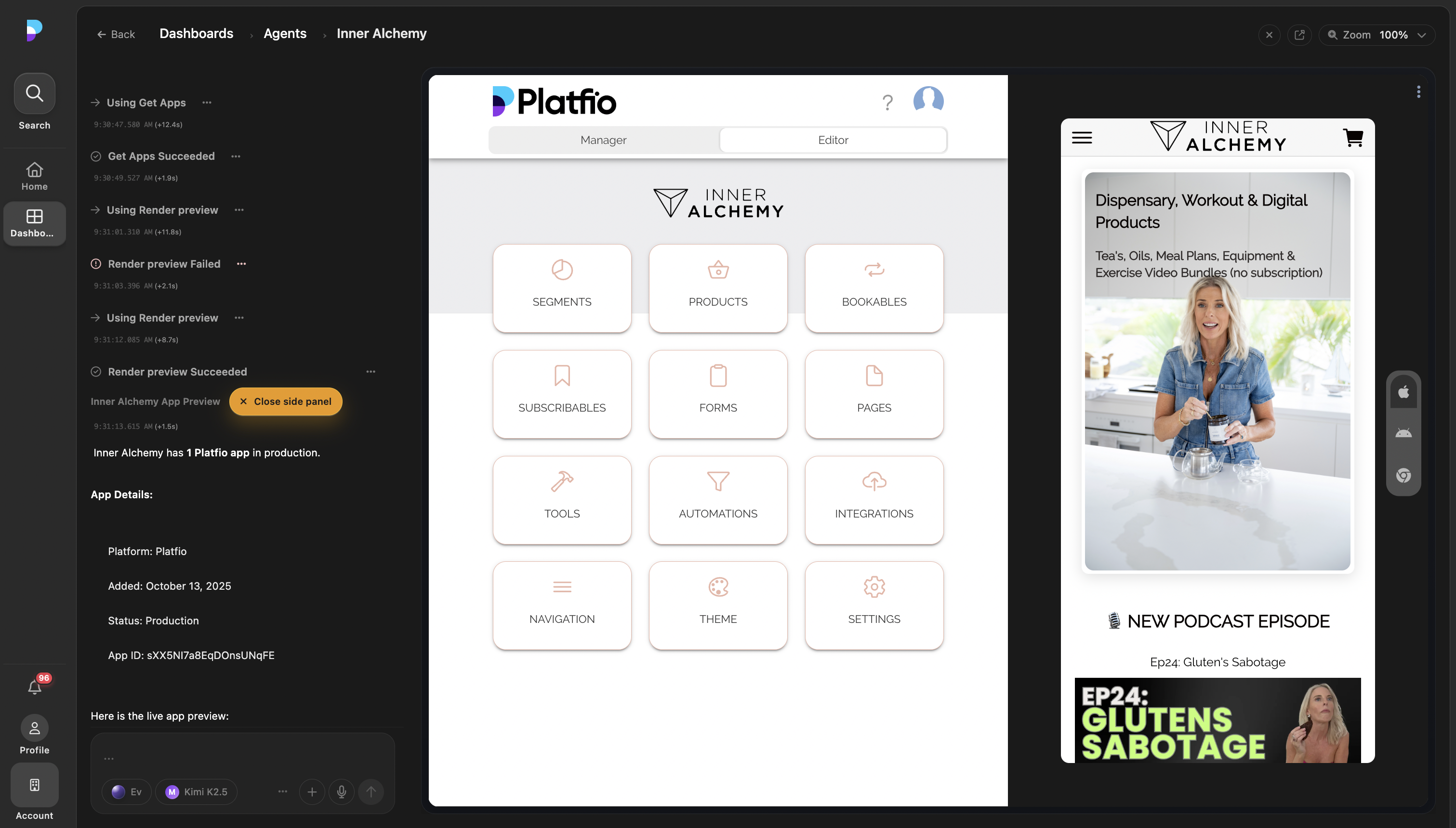 A Platfio first-party agent workspace showing a branded app preview beside agent state.