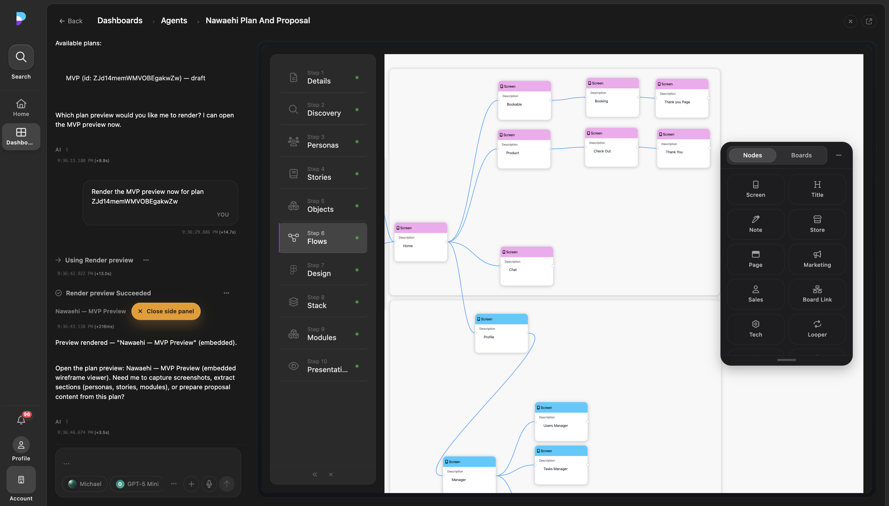 A Platfio first-party agent workspace showing a planning board and agent conversation.