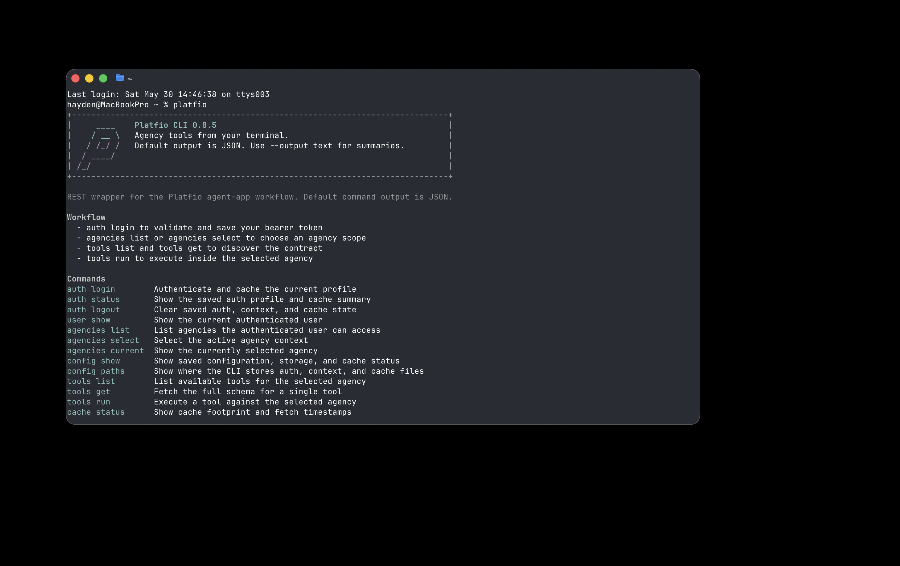 A terminal showing the Platfio CLI command list for authentication, agency selection, tool discovery, and tool execution.