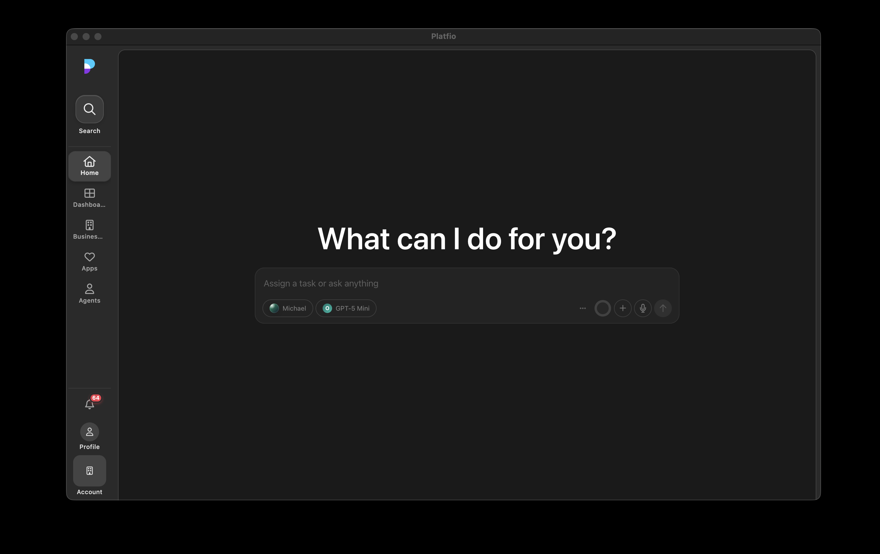 The Platfio desktop app home screen showing a bounded product shell for computer use.