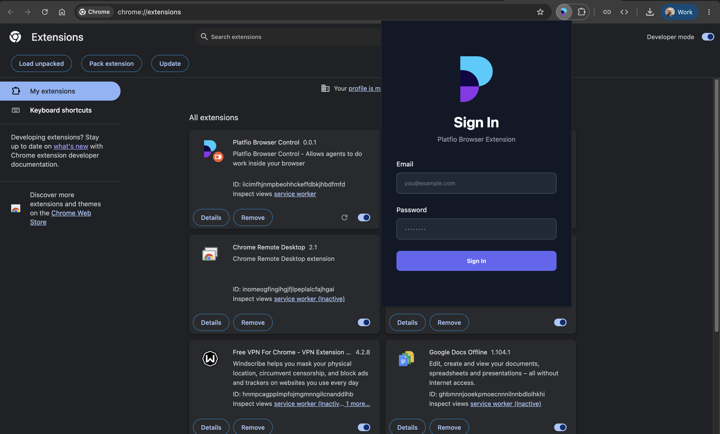 A Chrome extensions page showing the Platfio Browser Control extension and its sign-in panel.