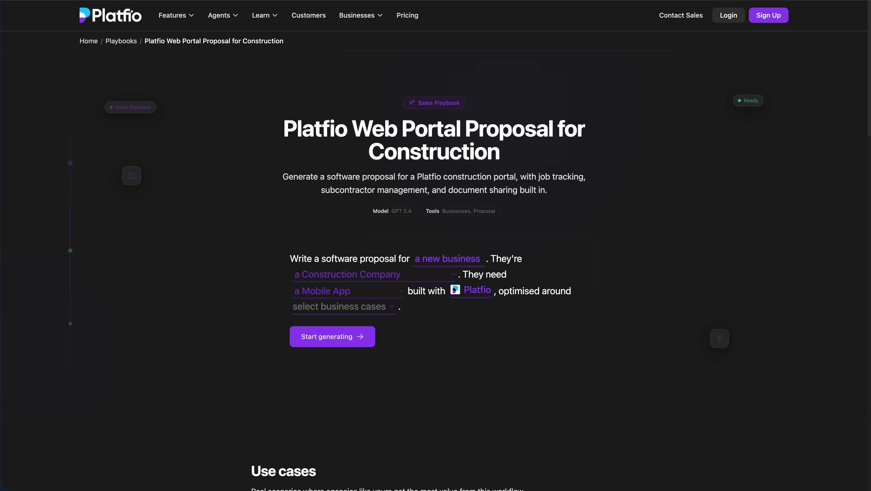 A public Platfio website playbook page for generating a construction software proposal.