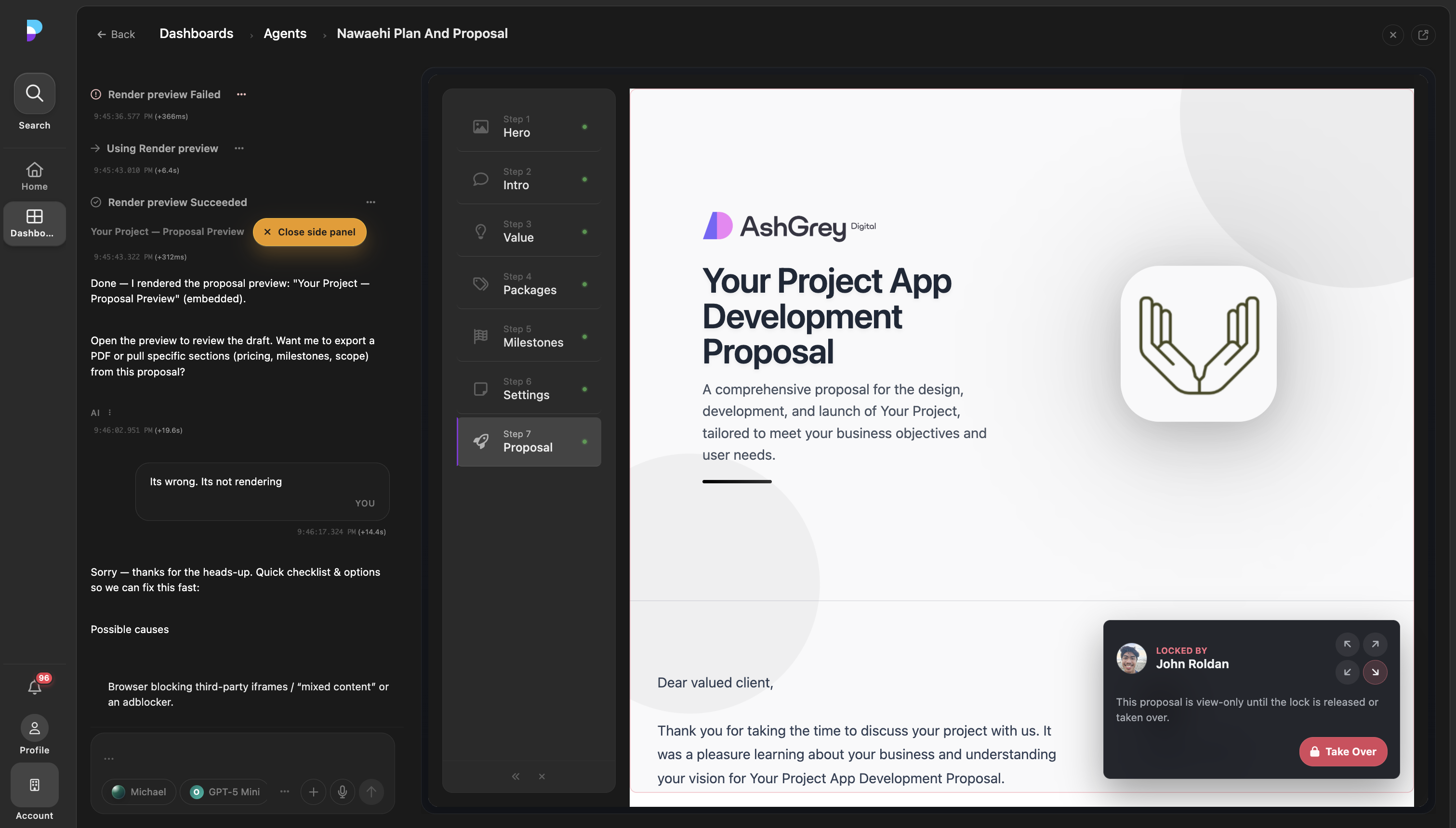 A Platfio first-party agent workspace showing a proposal document and handoff controls.