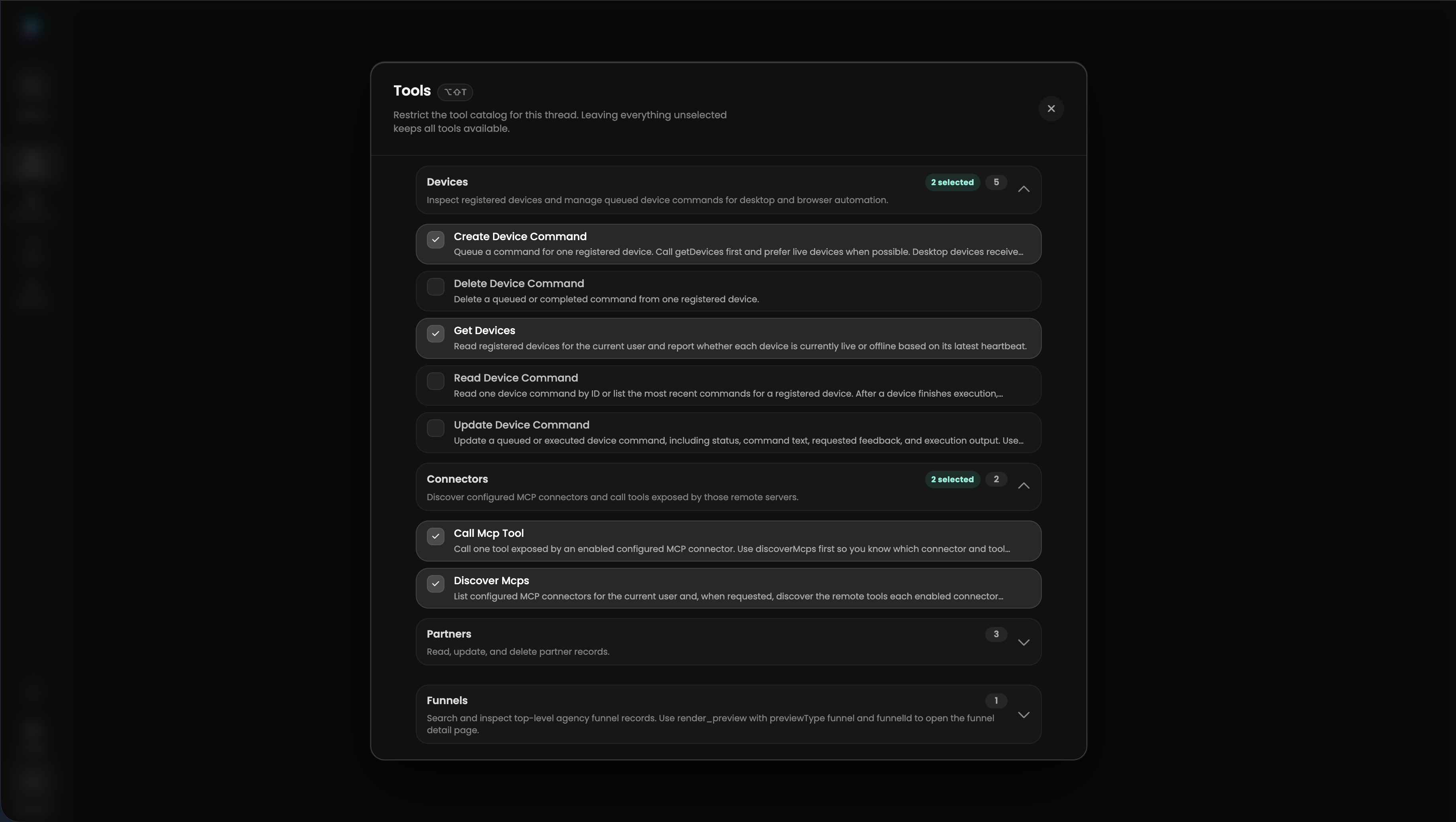 A Platfio tool selector showing grouped tools, selected capabilities, and scoped connector access.