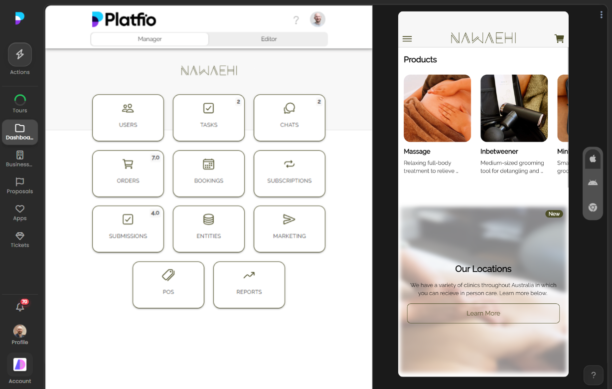 A Platfio app builder view showing admin controls beside mobile app previews.