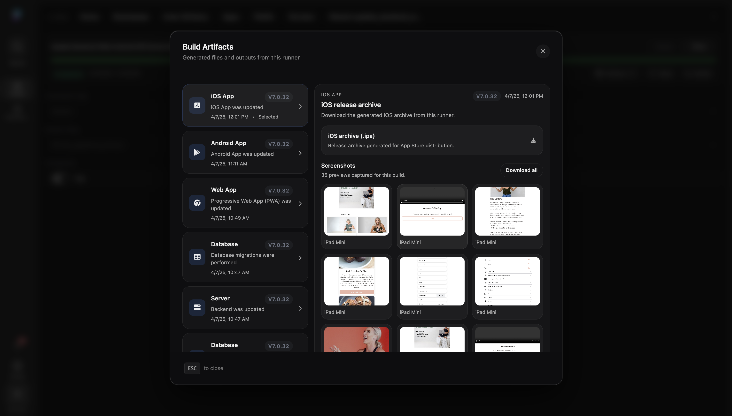A Platfio build artifacts panel showing iOS app outputs and generated screenshots.