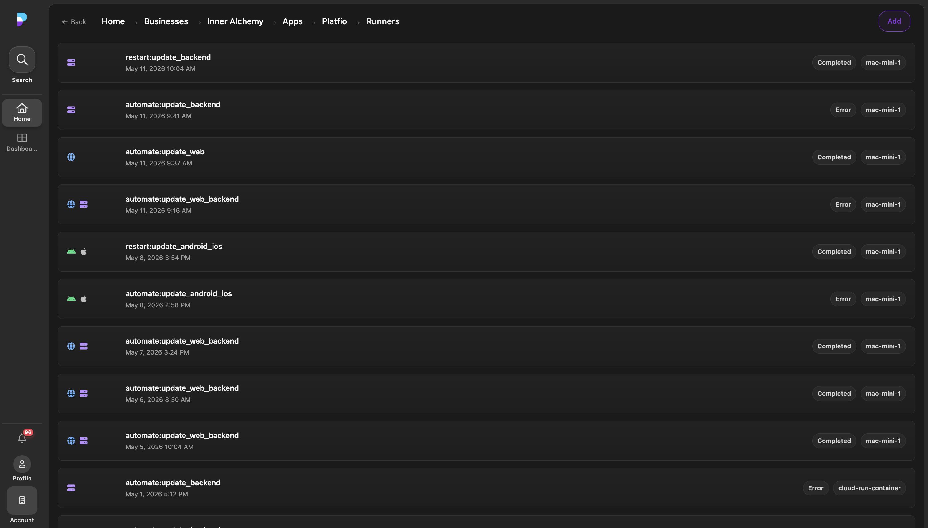 A Platfio runners list showing completed and active deployment runners.