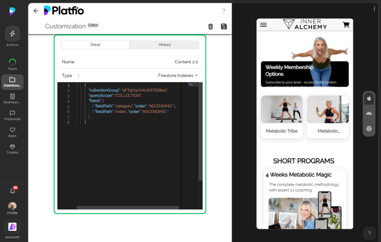 A Platfio code editor for custom logic beside an app preview.
