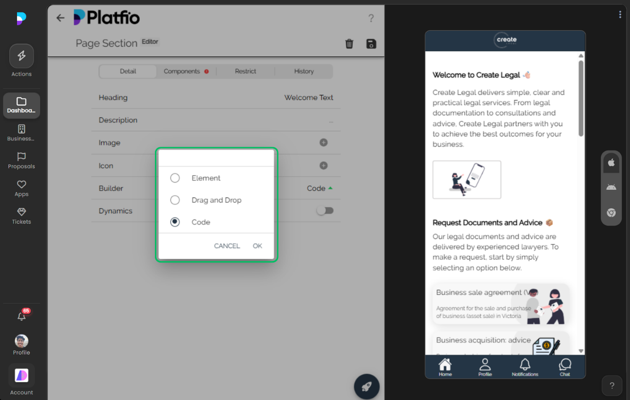 A Platfio custom page editor showing a code-based page alongside an app preview.