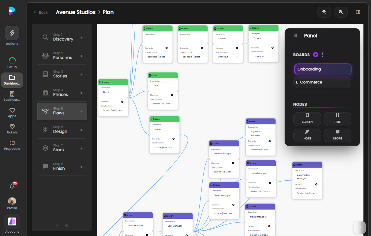 A Platfio planning view with structured discovery and project requirements.