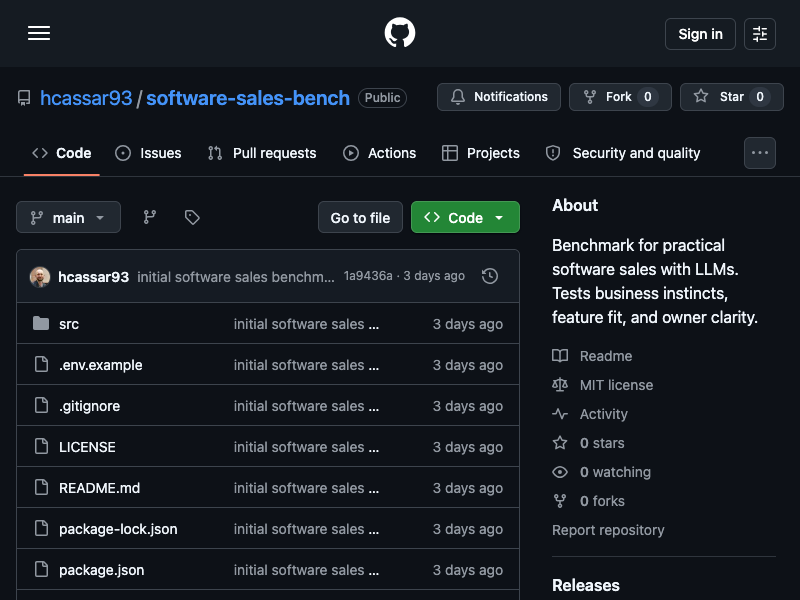 Screenshot of the software-sales-bench GitHub repository.