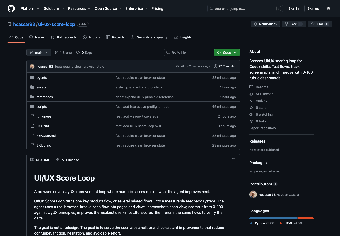 The open-source UI/UX Score Loop repository on GitHub.